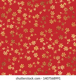 Ornate seamless pattern with small golden flowers on red background. Seamless pattern for wallpaper, pattern fills, web page background, surface textures.
