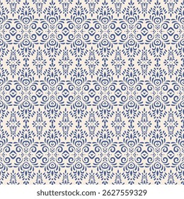 Ornate padrão sem emenda com design de damasco sofisticado. Fundo azul clássico vertical intrincado no estilo francês ou barroco do século XVIII para têxteis, papéis de parede, embalagens.