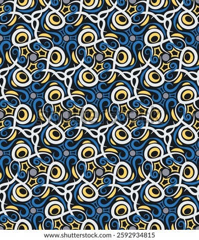 Ornate seamless pattern with swirls. Overlapping art forms, stripes, polygons, segments are grouped and arranged in a certain order. Vector. 