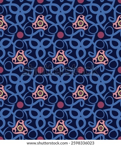 Ornate seamless pattern with swirls. Overlapping art forms, stripes, polygons, segments are grouped and arranged in a certain order. Vector. 