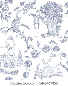 Ornate seamless pattern in toile de jouy style. Cute bunnies on picnic surrounded with birds and flowers.