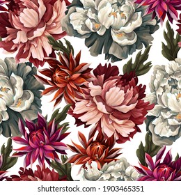 Ornate seamless pattern with vintage peonies, roses and 
chrysanthemums. Vector