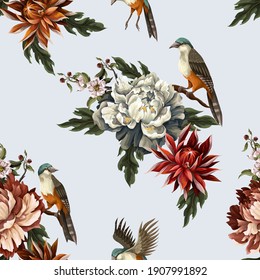 Ornate seamless pattern with vintage peonies, roses and birds. Vector