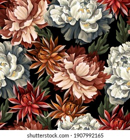 Ornate seamless pattern with vintage peonies, roses and \nchrysanthemums. Vector