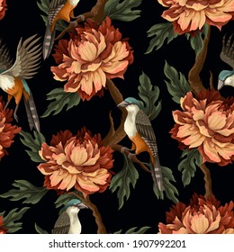 Ornate seamless pattern with vintage peonies, roses and birds. Vector