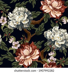 Ornate seamless pattern with vintage peonies, roses and \nchrysanthemums. Vector