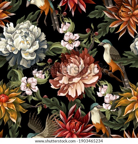 Ornate seamless pattern with vintage peonies, roses and birds. Vector