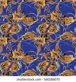Ornate seamless pattern wallpaper with vintage decorative abstract 3d butterflies with love hearts, modern curl gold ornaments.Luxury endless fabric texture.Vector illustration.Blue elegant background