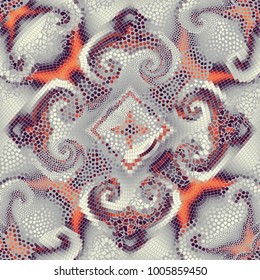 Ornate seamless texture background. Diagonal waves of ornamental mosaic tile patterns. Different textures.