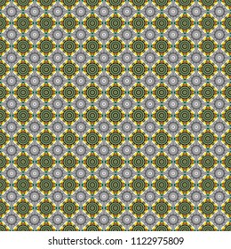 Ornate seamless texture background. Different mosaic textures. Relief waves of ornamental mosaic tile patterns in yellow, blue and gray colors. Vector illustration.