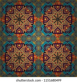 Ornate seamless texture background. Different mosaic textures. Relief waves of ornamental mosaic tile patterns in blue, brown and yellow colors. Vector illustration.