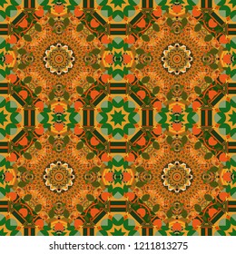 Ornate seamless texture background. Different mosaic textures. Relief waves of ornamental mosaic tile patterns in yellow, beige and brown colors. Raster illustration.