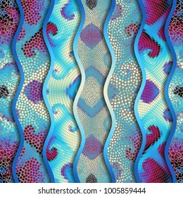Ornate seamless texture background. Relief waves of ornamental mosaic tile patterns. Different mosaic textures.