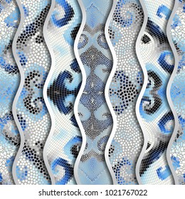 Ornate seamless texture background. Relief waves of ornamental mosaic tile patterns. Different mosaic textures.