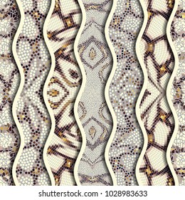 Ornate seamless texture background. Relief waves of ornamental mosaic tile patterns. Different mosaic textures.