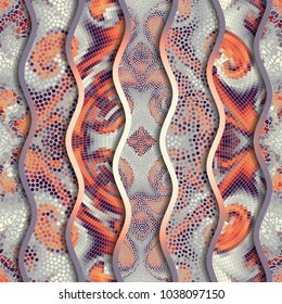 Ornate seamless texture background. Relief waves of ornamental mosaic tile patterns. Different mosaic textures.