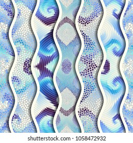 Ornate seamless texture background. Relief waves of ornamental mosaic tile patterns. Different mosaic textures. Vector image.