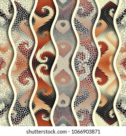 Ornate seamless texture background. Relief waves of ornamental mosaic tile patterns. Different mosaic textures. Vector image.