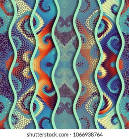 Ornate seamless texture background. Relief waves of ornamental mosaic tile patterns. Different mosaic textures. Vector image.