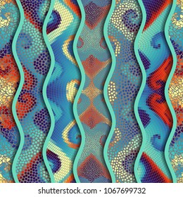 Ornate seamless texture background. Relief waves of ornamental mosaic tile patterns. Different mosaic textures. Vector image.