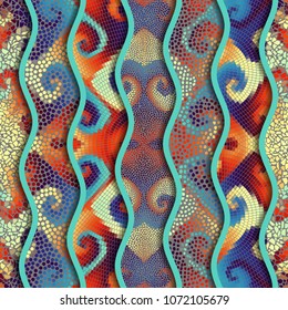 Ornate seamless texture background. Relief waves of ornamental mosaic tile patterns. Different mosaic textures. Vector image.
