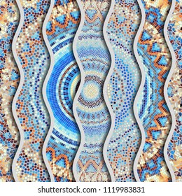 Ornate seamless texture background. Relief waves of ornamental mosaic tile patterns. Different mosaic textures.  Vector image.
