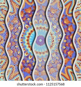 Ornate seamless texture background. Relief waves of ornamental mosaic tile patterns. Different mosaic textures.  Vector image.