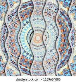 Ornate seamless texture background. Relief waves of ornamental mosaic tile patterns. Different mosaic textures.  Vector image.