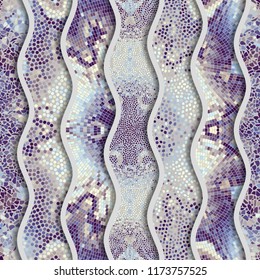 Ornate seamless texture background. Relief waves of ornamental mosaic tile patterns. Different mosaic textures.