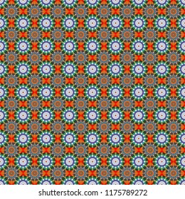 Ornate seamless texture background. Relief waves of ornamental mosaic tile patterns in green, blue and red colors. Vector illustration. Different mosaic textures.