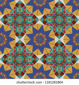 Ornate seamless texture background. Relief waves of ornamental mosaic tile patterns in violet, blue and yellow colors. Vector illustration. Different mosaic textures.