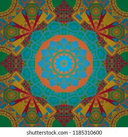 Ornate seamless texture background. Relief waves of ornamental mosaic tile patterns in orange, blue and green colors. Different mosaic textures. Vector illustration.