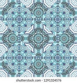 Ornate seamless texture background. Relief waves of ornamental mosaic tile patterns in white, gray and blue colors. Different mosaic textures. Vector illustration.