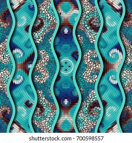 Ornate seamless texture background. Relief waves of ornamental turquoise mosaic tile patterns.