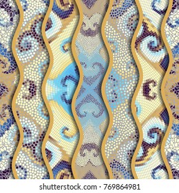 Ornate seamless texture background. Relief waves of ornamental mosaic tile patterns. Different mosaic textures.