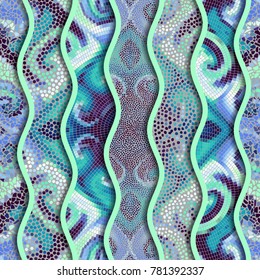 Ornate seamless texture background. Relief waves of ornamental mosaic tile patterns. Different mosaic textures.