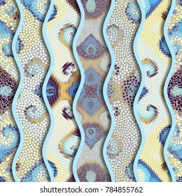 Ornate seamless texture background. Relief waves of ornamental mosaic tile patterns. Different mosaic textures.