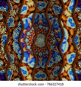 Ornate seamless texture background. Relief waves of ornamental mosaic tile patterns. Different mosaic textures.