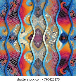 Ornate seamless texture background. Relief waves of ornamental mosaic tile patterns. Different mosaic textures.