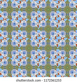 Ornate seamless texture background. Vector illustration. Different mosaic textures. Relief waves of ornamental mosaic tile patterns in blue, green and violet colors.