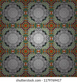 Ornate seamless texture background. Vector illustration. Relief waves of ornamental mosaic tile patterns in gray, brown and blue colors. Different mosaic textures.