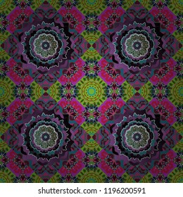 Ornate seamless texture background. Vector illustration. Relief waves of ornamental mosaic tile patterns in black, green and brown colors. Different mosaic textures.