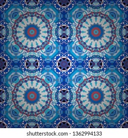 Ornate seamless texture background. Vector illustration. Different mosaic textures. Relief waves of ornamental mosaic tile patterns in white, blue and pink colors.