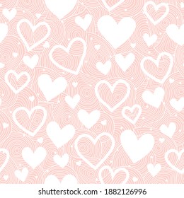 Ornate seamless vector pattern with hearts. Hand draw decor on pink background. Valentine's Day wallpaper. Romantic vintage background. Endless ornate texture. Tender pastel pattern fill.