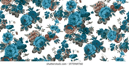 Ornate seamless vector retro style floral pattern with Blue and Brown roses .