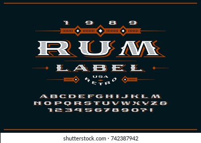 Ornate serif extended font in retro style. Letters and numbers for logo, label and signboard design. Print on black background