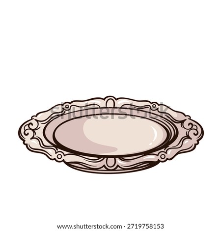 Ornate serving tray plate with engraved decorative rim, oval vintage tableware, classic dish with detailed border, retro home kitchen object in traditional engraving style. Vector illustration