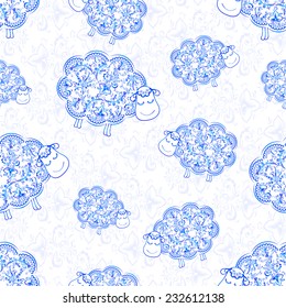 Ornate sheep blue background. Vector seamless pattern.