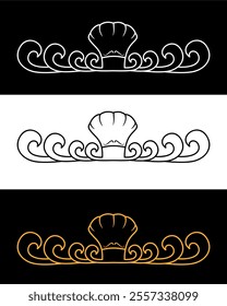 Ornate Shell or chef cap Motif with Waves or tentacles in Three Color Variations