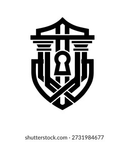 Escudo ornamentado con el logotipo de la cerradura y de los pilares Clásicas, emblema heráldico seguro para la protección y el acceso, icono arquitectónico institucional de la seguridad